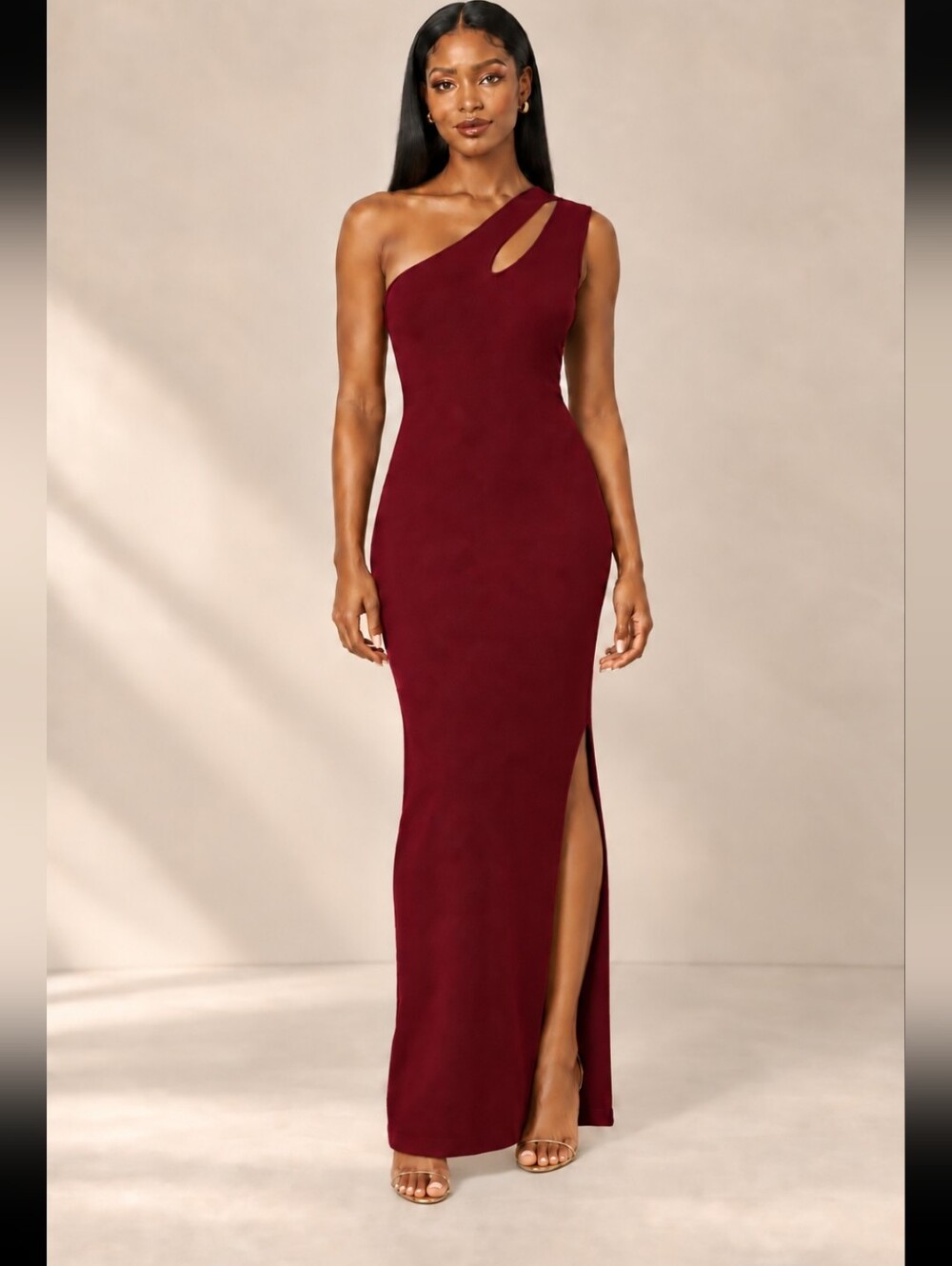Torn by Ronny Kobo One-Shoulder Burgundy Cutout Gown